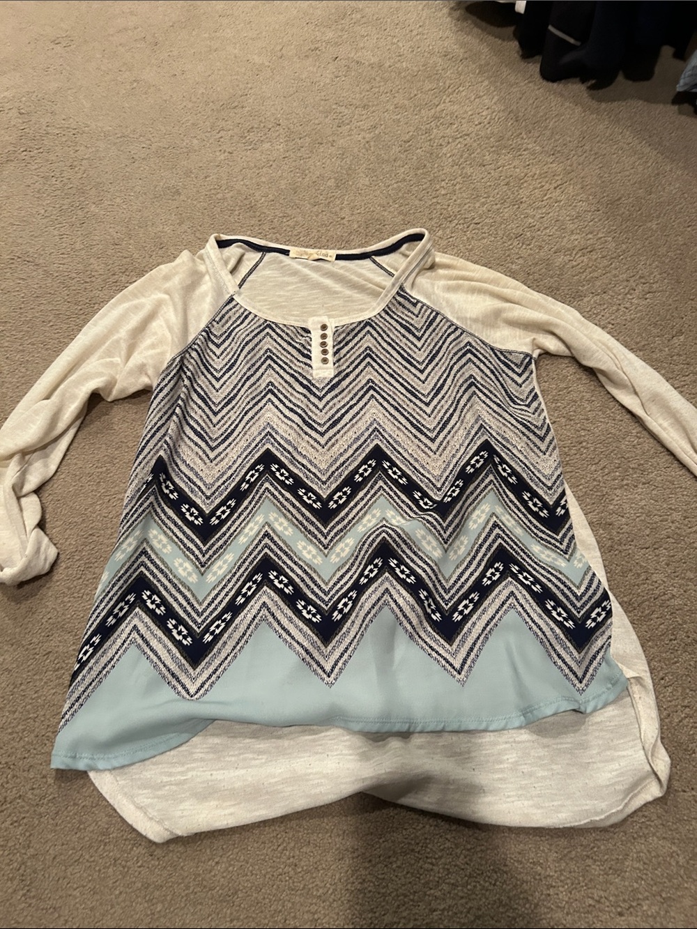 Rewind Light Blue, Navy & Cream Chevron Raglan Long Sleeve Top